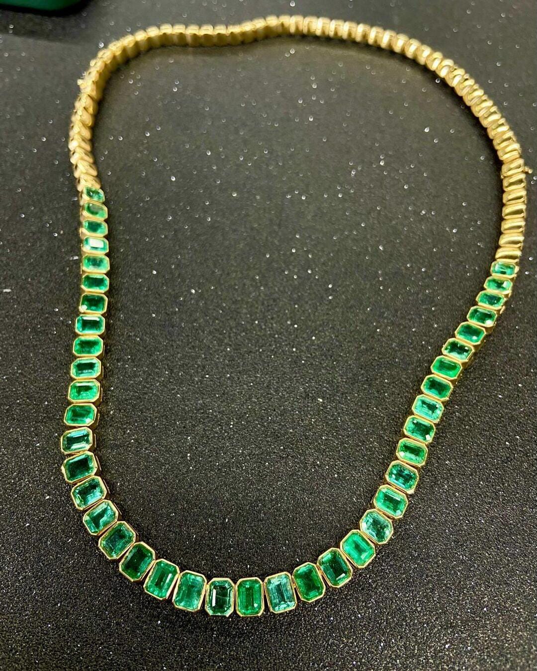 Octagon Cut Emerald Tennis Necklace, Bezel Setting Emerald Necklace,  Necklace For Mom, Grandma Gift, Initial Necklace, pregnancy gift
