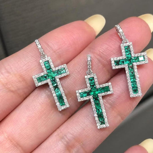Natural Square Emerald Gemstone 14k Gold Handmade Pendant, Emerald cross necklace, Birthday Gift Christmas/Engagement/Gift For Anniversary