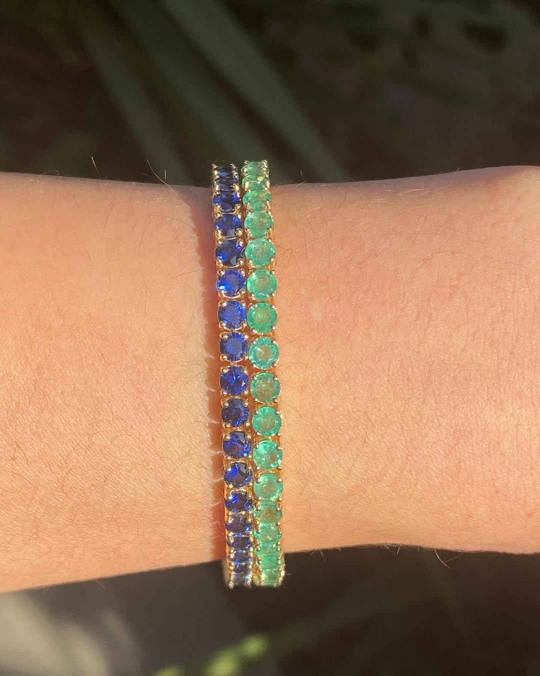 Emerald and Blue Sapphire Tennis Bracelet, Two Gemstone Tennis Bracelet Set, Yellow Gold Tennis Two Bracelet, Prong Set Tennis Bracelet