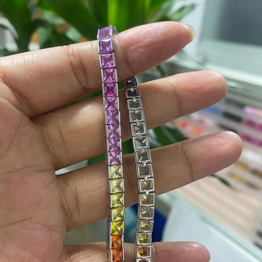 Multi Sapphire Square Tennis Bracelet, 14K Gold Plated Bracelet, 4MM Sapphire Tennis Bracelet, Sapphire Layering Bracelet For Women Gift