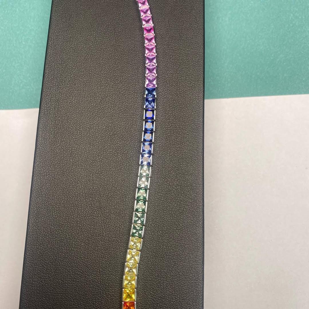 Multi Sapphire Square Tennis Bracelet, 14K Gold Plated Bracelet, 4MM Sapphire Tennis Bracelet, Sapphire Layering Bracelet For Women Gift