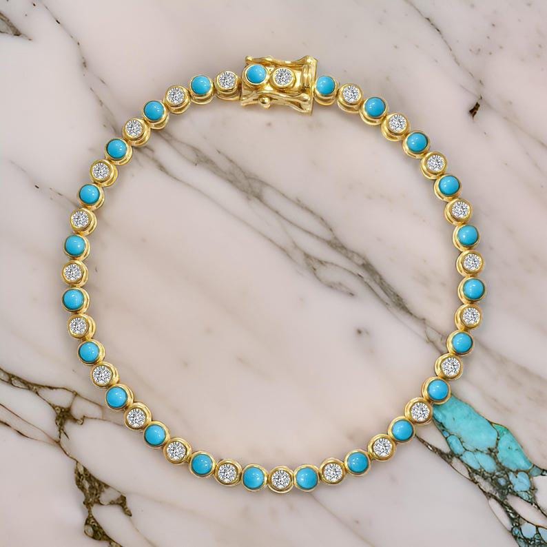 Turquoise With Diamond Tennis Bracelet, Gold Turquoise Tennis Bracelet, Art Deco valentineTurquoise bracelet, Turquoise and Diamond Bracelet