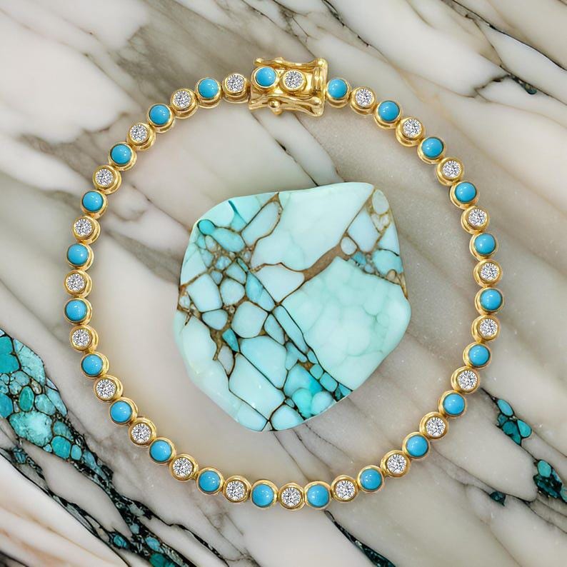 Turquoise With Diamond Tennis Bracelet, Gold Turquoise Tennis Bracelet, Art Deco valentineTurquoise bracelet, Turquoise and Diamond Bracelet