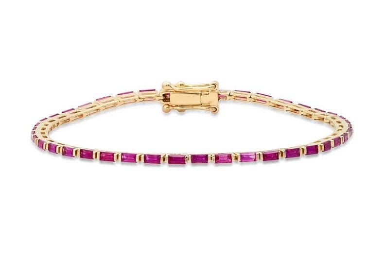 Dainty Ruby Tennis Bracelet - May Birthstone Gift for Her | Baguette Ruby Bracelet
