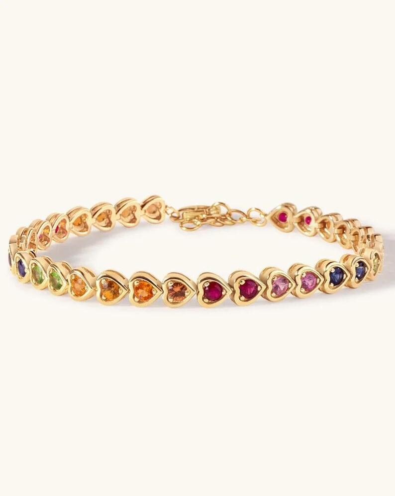 Multi Sapphire Heart Tennis Bracelet,14K Gold Plated Bracelet,heart Sapphire Tennis Bracelet, Sapphire Layering Bracelet For Women Gift