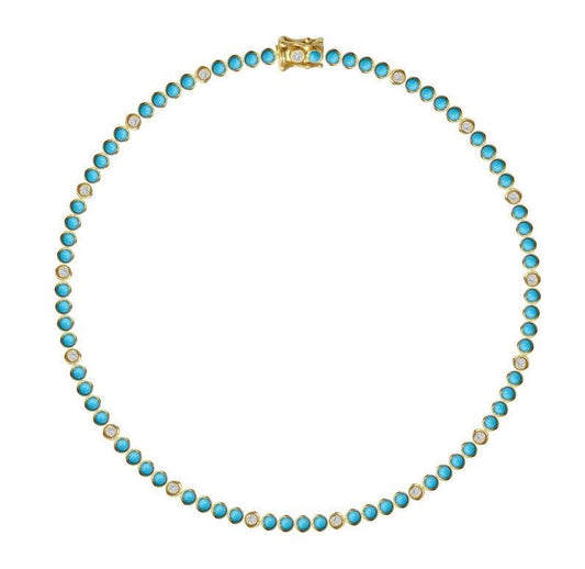 Three Turquoise one Diamond Tennis Necklace, Turquoise Tennis Necklace, Art Deco valentineTurquoise Necklace, Turquoise and Diamond Necklace