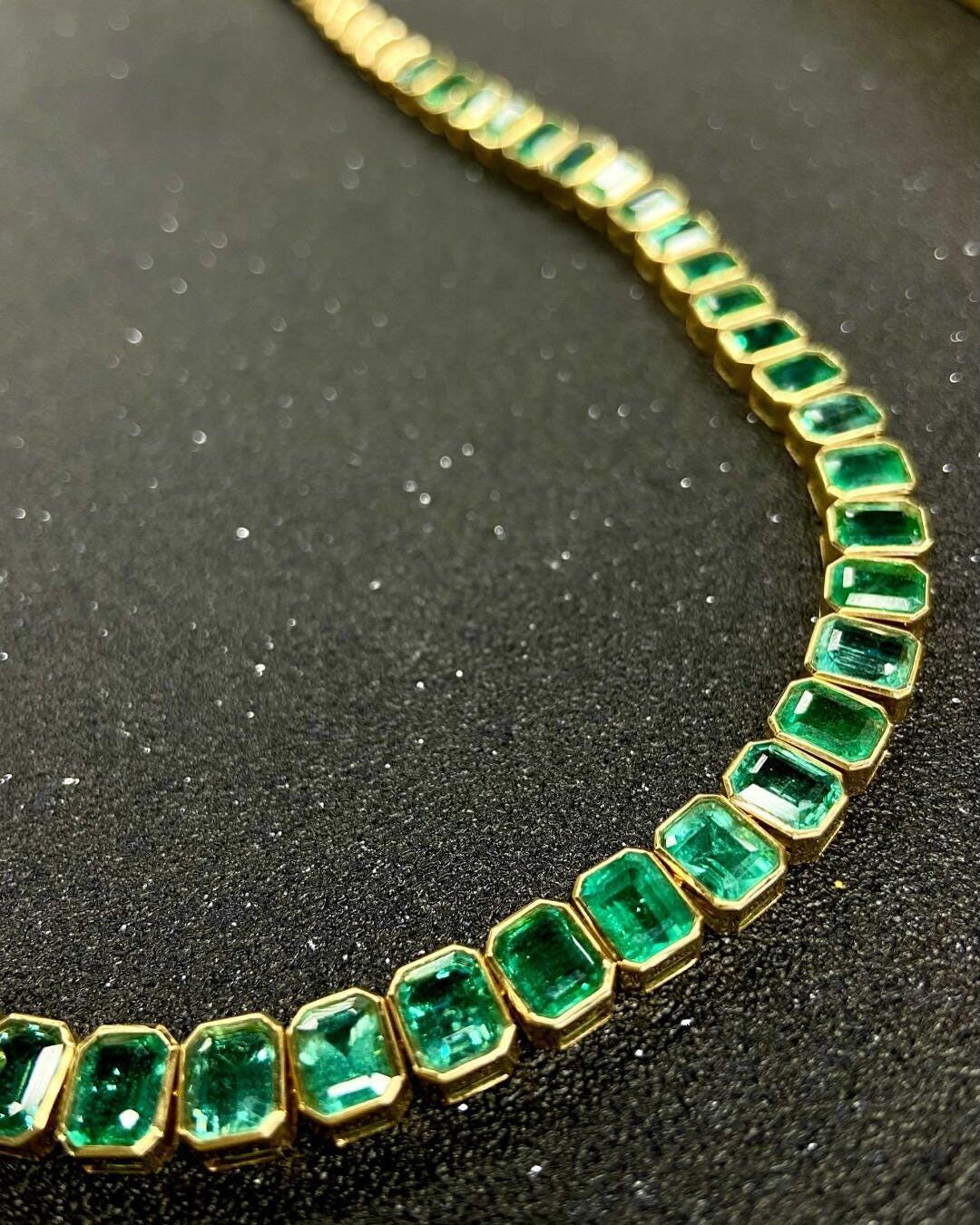 Octagon Cut Emerald Tennis Necklace, Bezel Setting Emerald Necklace,  Necklace For Mom, Grandma Gift, Initial Necklace, pregnancy gift