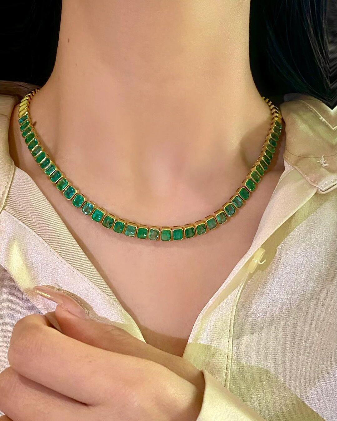 Octagon Cut Emerald Tennis Necklace, Bezel Setting Emerald Necklace,  Necklace For Mom, Grandma Gift, Initial Necklace, pregnancy gift