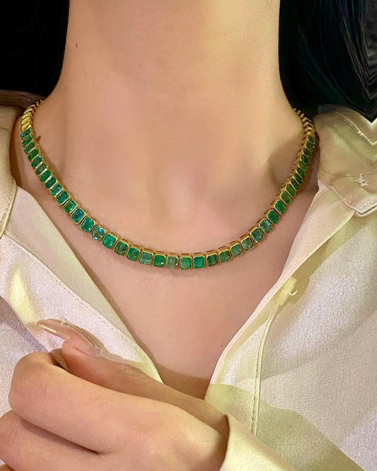 Octagon Cut Emerald Tennis Necklace, Bezel Setting Emerald Necklace,  Necklace For Mom, Grandma Gift, Initial Necklace, pregnancy gift