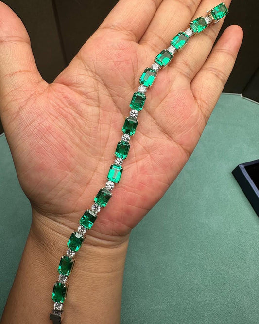 Tennis Bracelet 6x4mm Octagon Cut Emerald Gemstone Bracelet, 14k Yellow Gold Emerald Sapphire Tennis Bracelet, Prong Set Tennis Bracelet