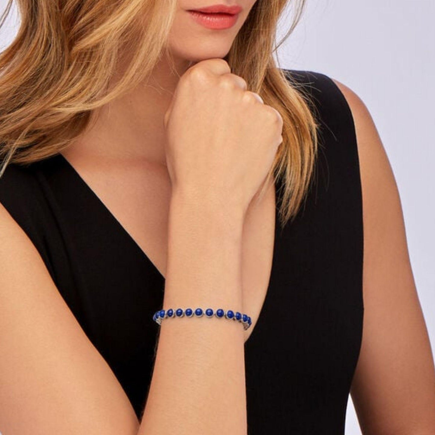 Handmade Lapis Lazuli Tennis Bracelet: Sterling Silver Gemstone Jewelry
