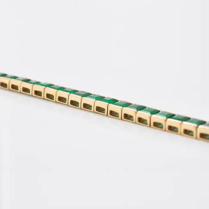 Tennis Bracelet 4mm Square Cut Emerald Gemstone Bracelet, 14k Yellow Gold Emerald Sapphire Tennis Bracelet, Bezel Set Tennis Bracelet