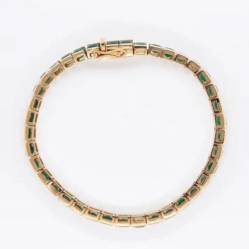 Tennis Bracelet 4mm Square Cut Emerald Gemstone Bracelet, 14k Yellow Gold Emerald Sapphire Tennis Bracelet, Bezel Set Tennis Bracelet