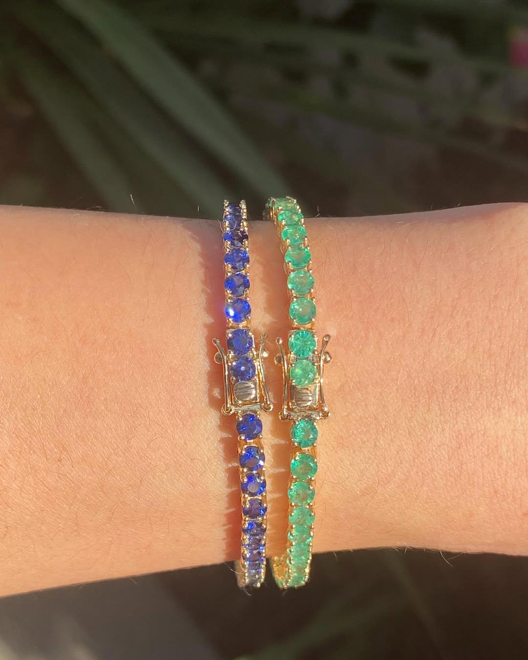 Emerald and Blue Sapphire Tennis Bracelet, Two Gemstone Tennis Bracelet Set, Yellow Gold Tennis Two Bracelet, Prong Set Tennis Bracelet