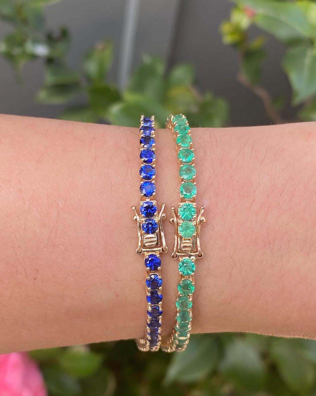 Emerald and Blue Sapphire Tennis Bracelet, Two Gemstone Tennis Bracelet Set, Yellow Gold Tennis Two Bracelet, Prong Set Tennis Bracelet