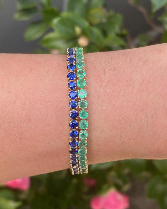 Emerald and Blue Sapphire Tennis Bracelet, Two Gemstone Tennis Bracelet Set, Yellow Gold Tennis Two Bracelet, Prong Set Tennis Bracelet