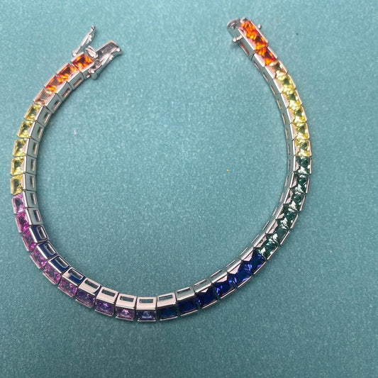 Multi Sapphire Square Tennis Bracelet, 14K Gold Plated Bracelet, 4MM Sapphire Tennis Bracelet, Sapphire Layering Bracelet For Women Gift