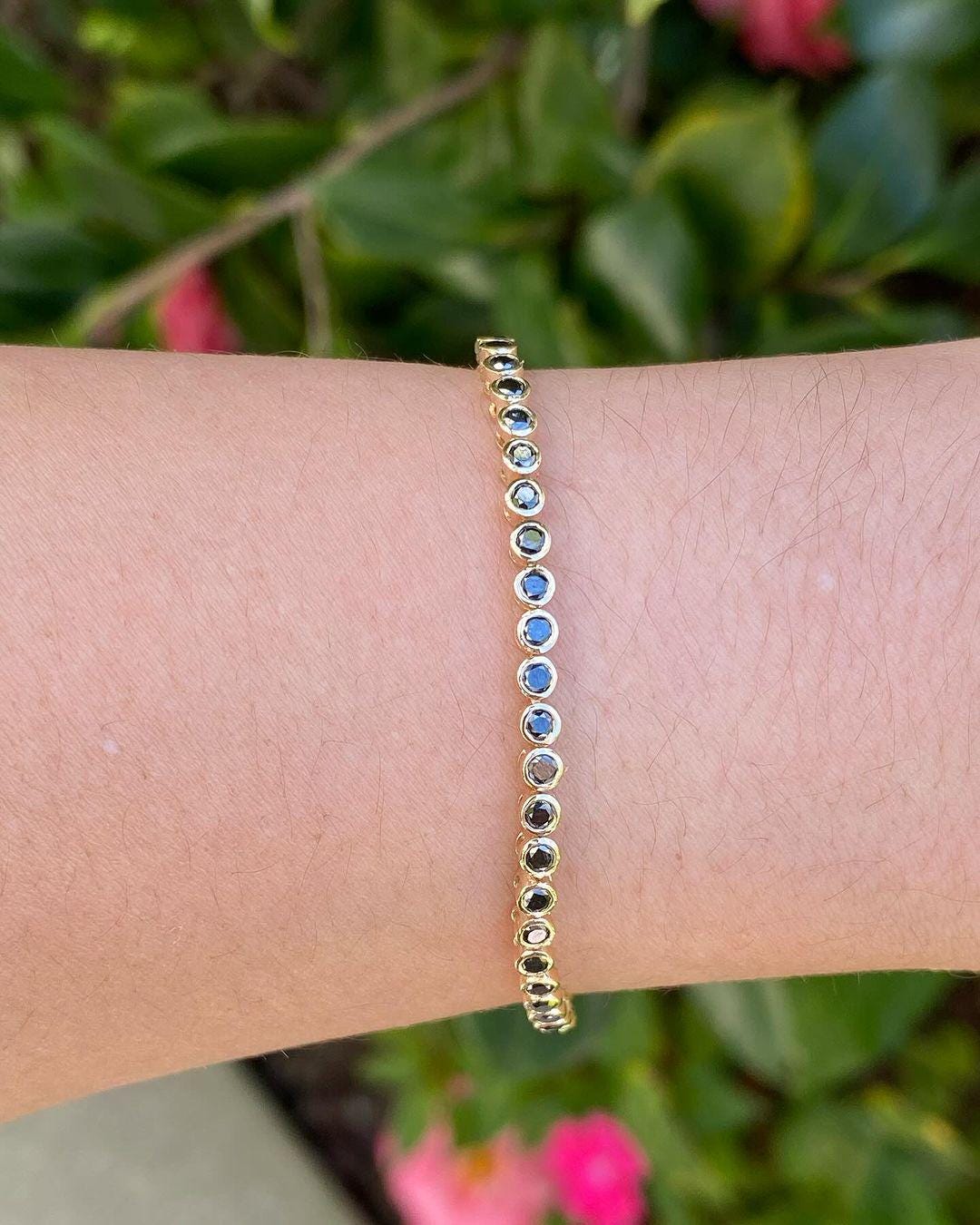 Black Onyx Tennis Bracelet, 3mm Round Cut Gemstone Bezal Bracelet, Black Diamond Tennis Bracelet, Silver Bracelets, Dainty Silver Bracelets