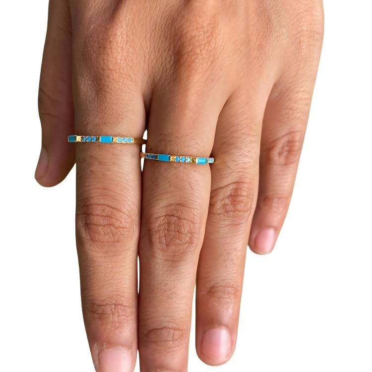 14K Gold Turquoise Baguette Ring: Half Eternity Stackable Band