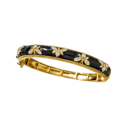 Lab Diamond Enamel Bee Bangle: Sterling Silver & Yellow Gold