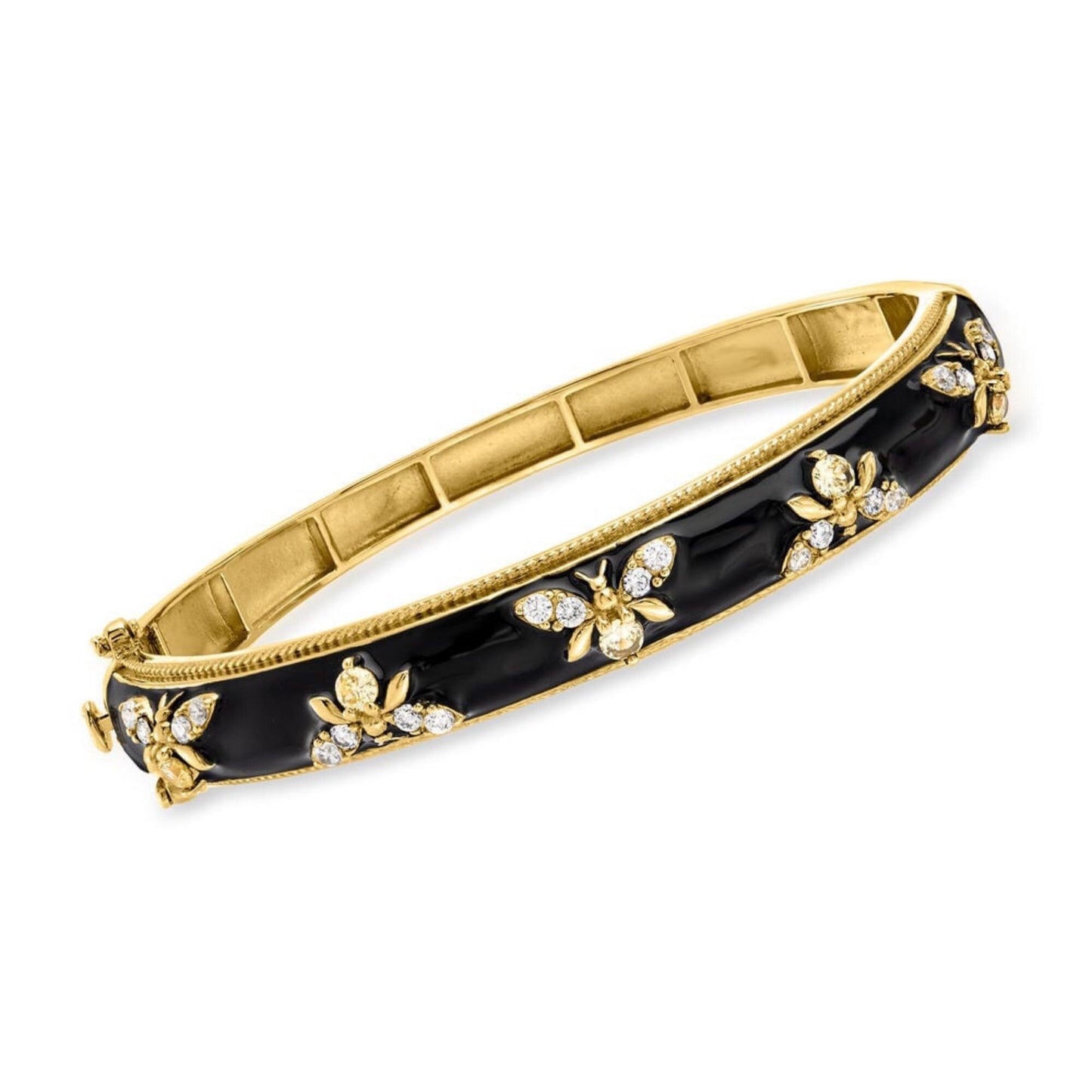 Lab Diamond Enamel Bee Bangle: Sterling Silver & Yellow Gold