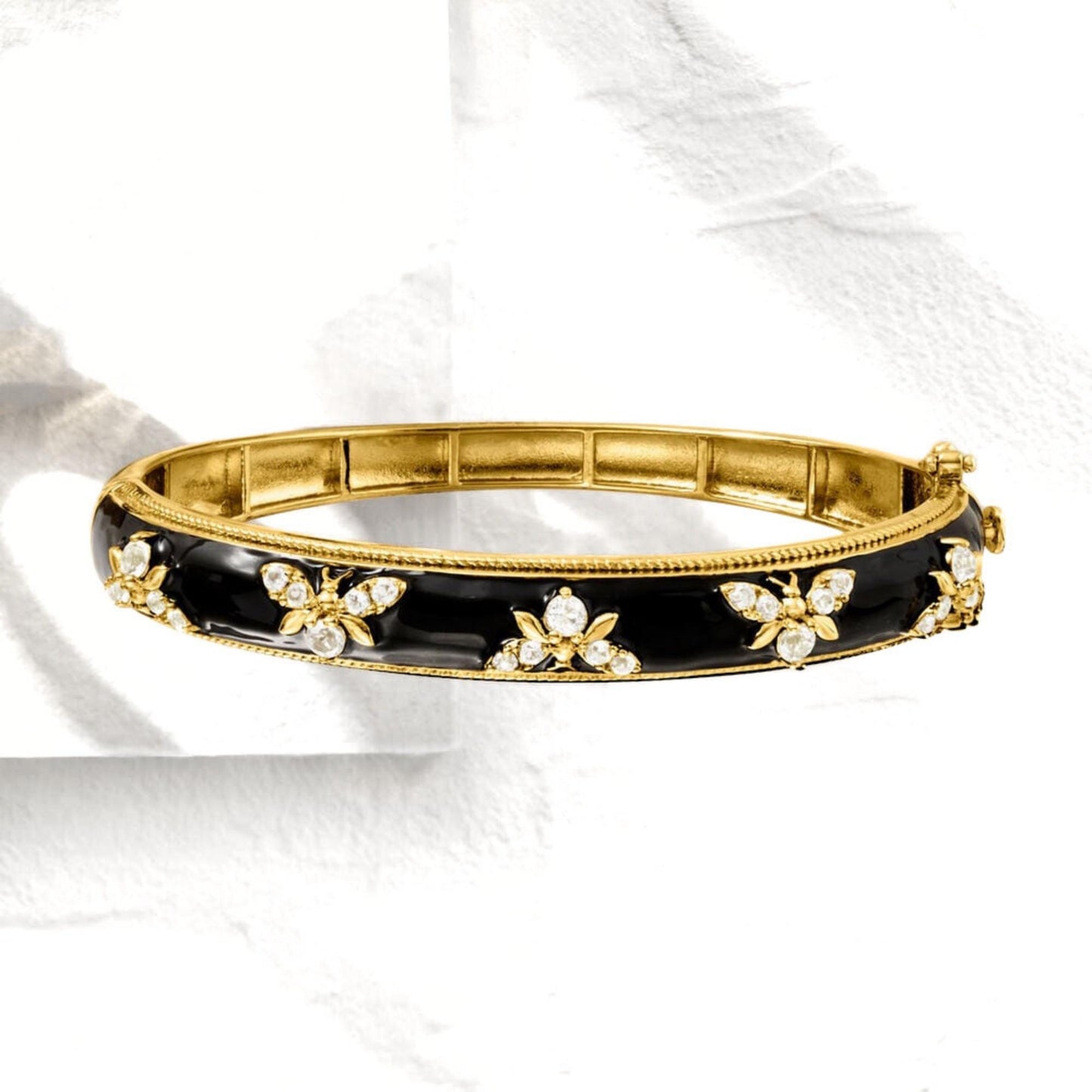 Lab Diamond Enamel Bee Bangle: Sterling Silver & Yellow Gold