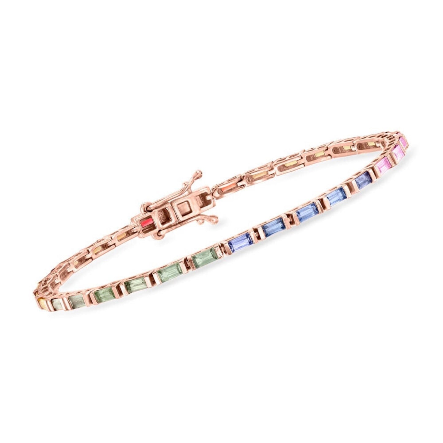 Baguette Sapphire Tennis Bracelet: 14K Gold Plated, Sterling Silver