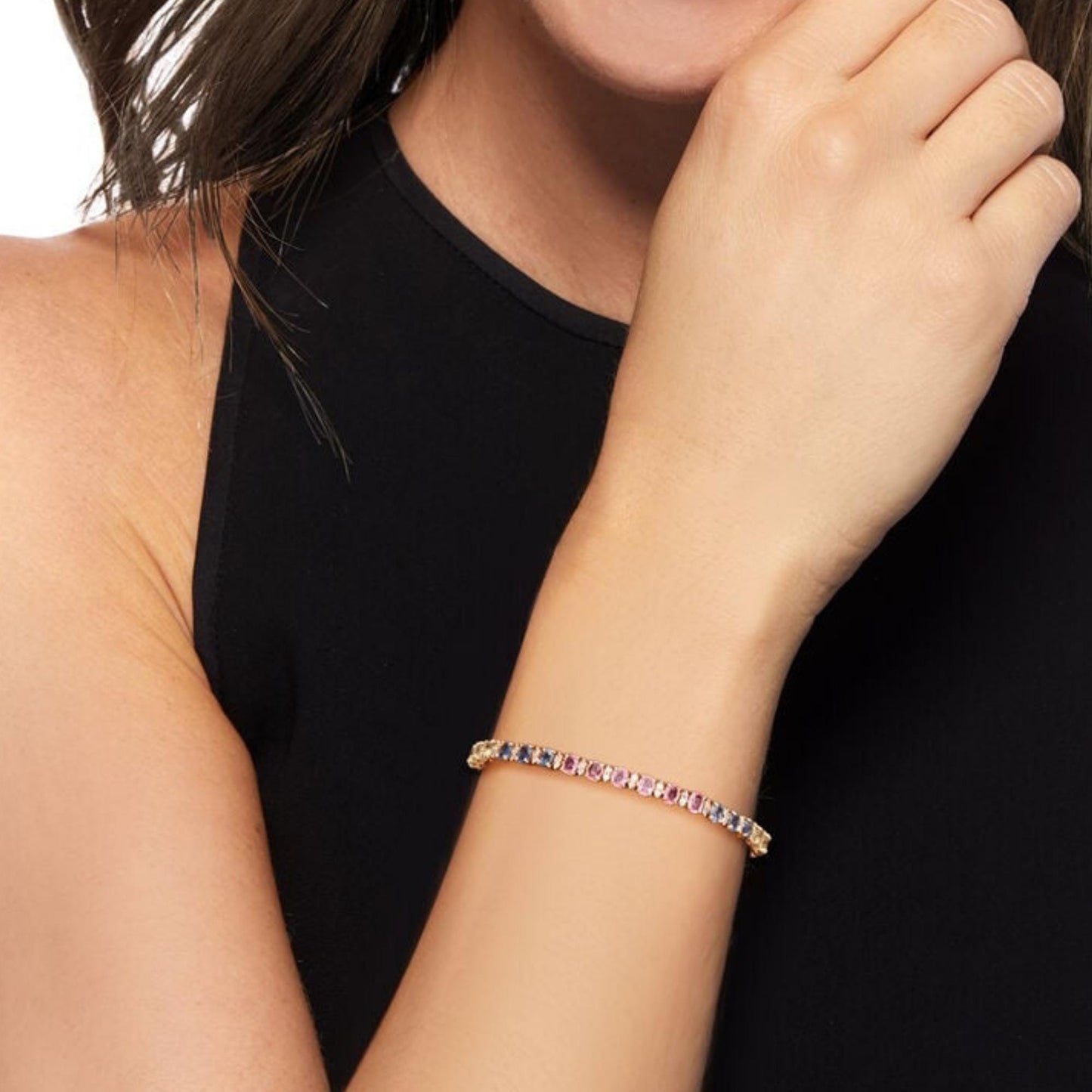 Rainbow Sapphire Tennis Bracelet: 14K Gold Plated Sterling Silver