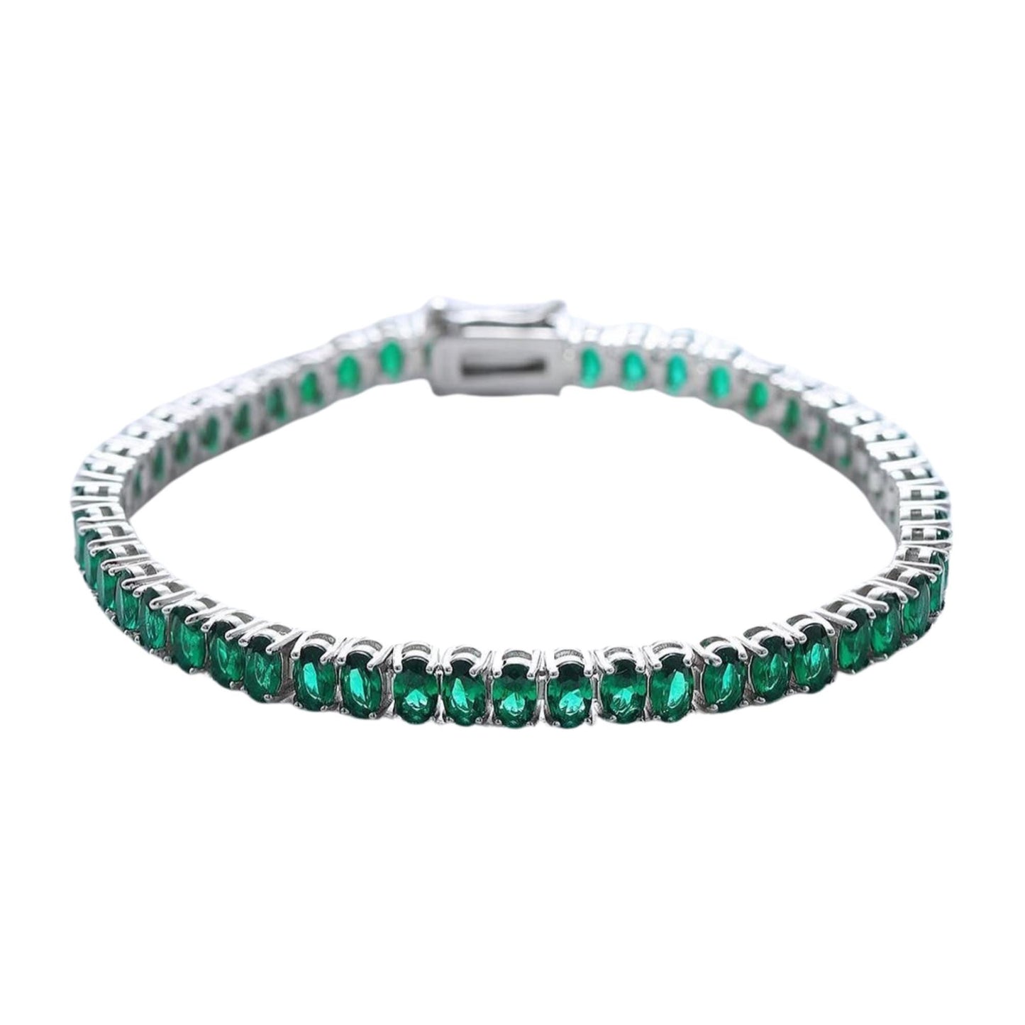 14k Gold Lab Emerald Tennis Bracelet - Sterling Silver Oval Shape