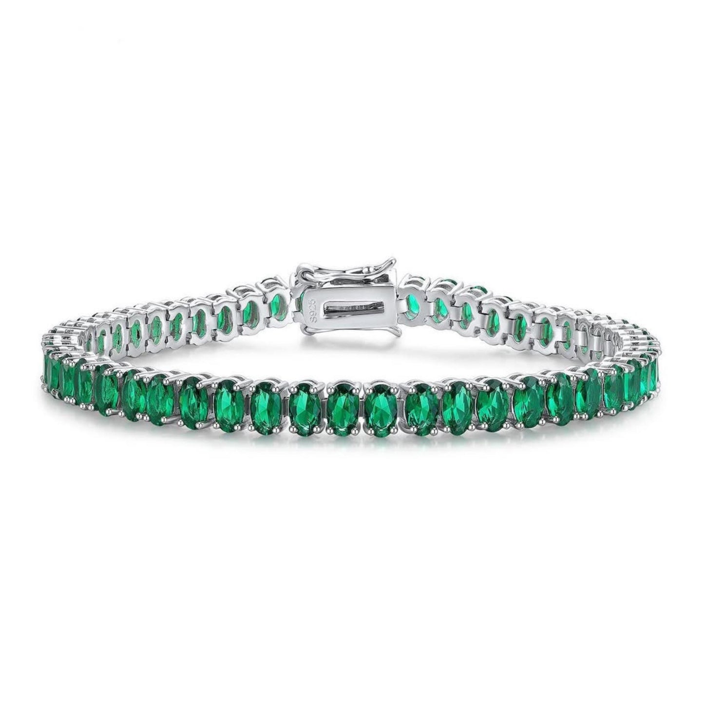 14k Gold Lab Emerald Tennis Bracelet - Sterling Silver Oval Shape