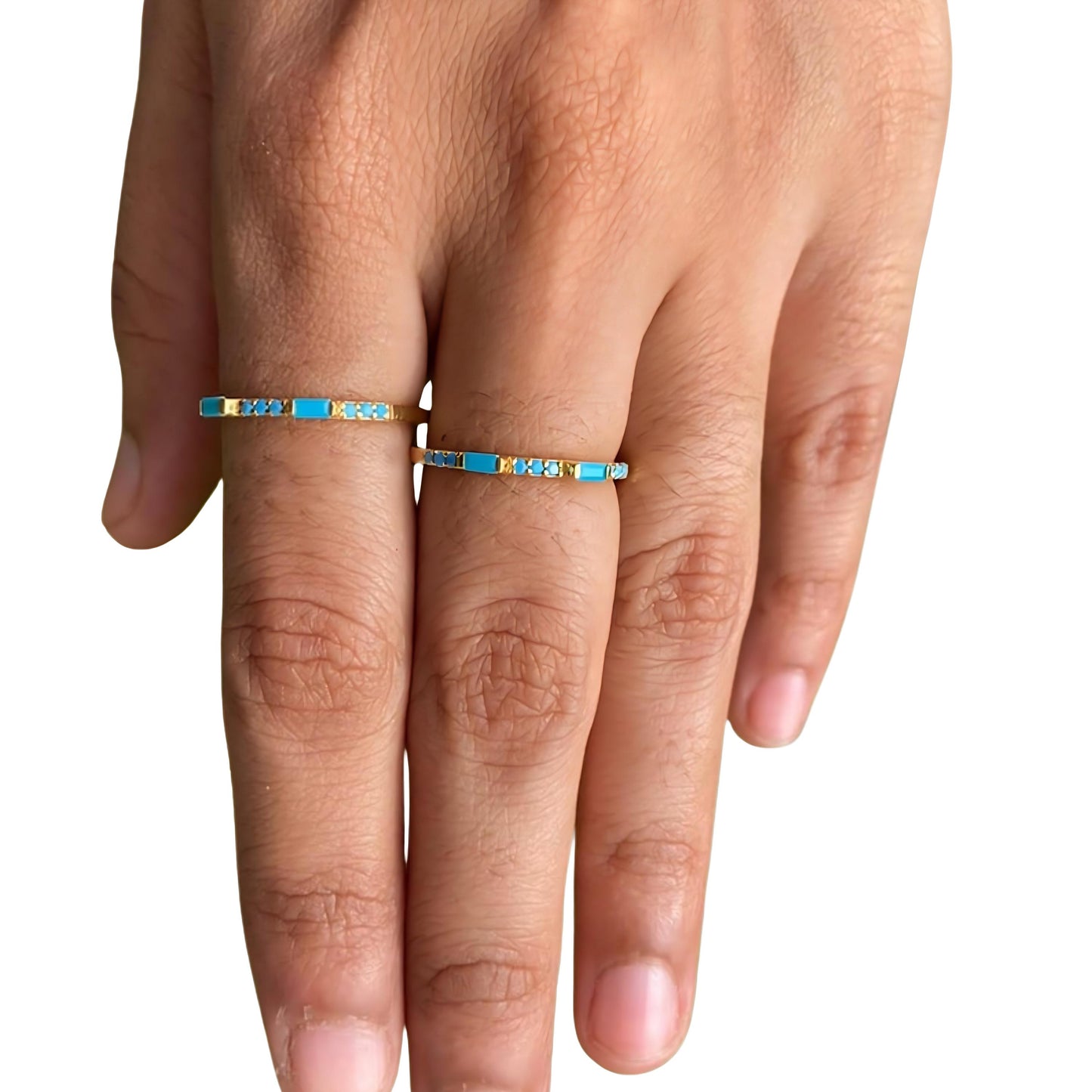 14K Gold Turquoise Baguette Ring: Half Eternity Stackable Band