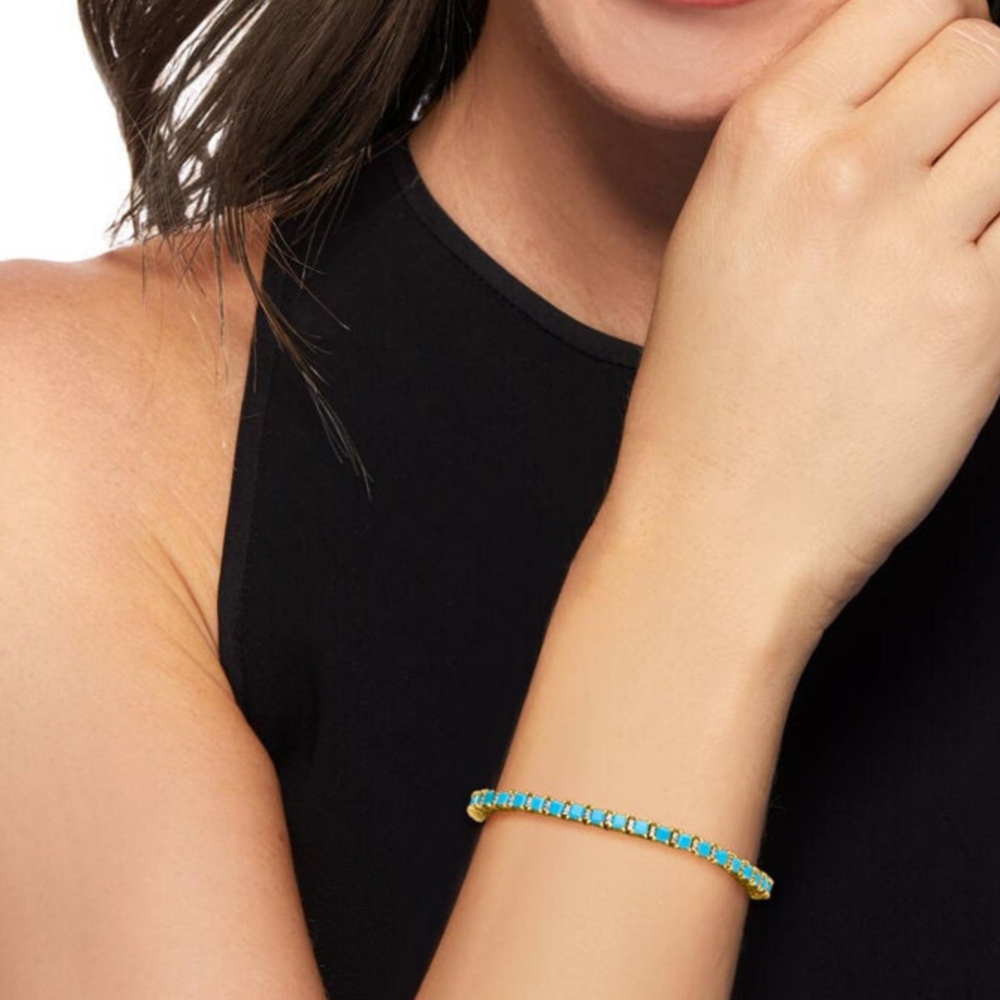 Sterling Silver Turquoise Tennis Bracelet: Art Deco Diamond Accent