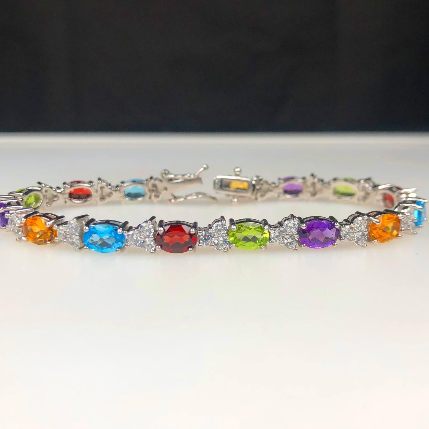 Multi-Sapphire Tennis Bracelet: 925 Sterling Silver, 6x4mm Oval Cut