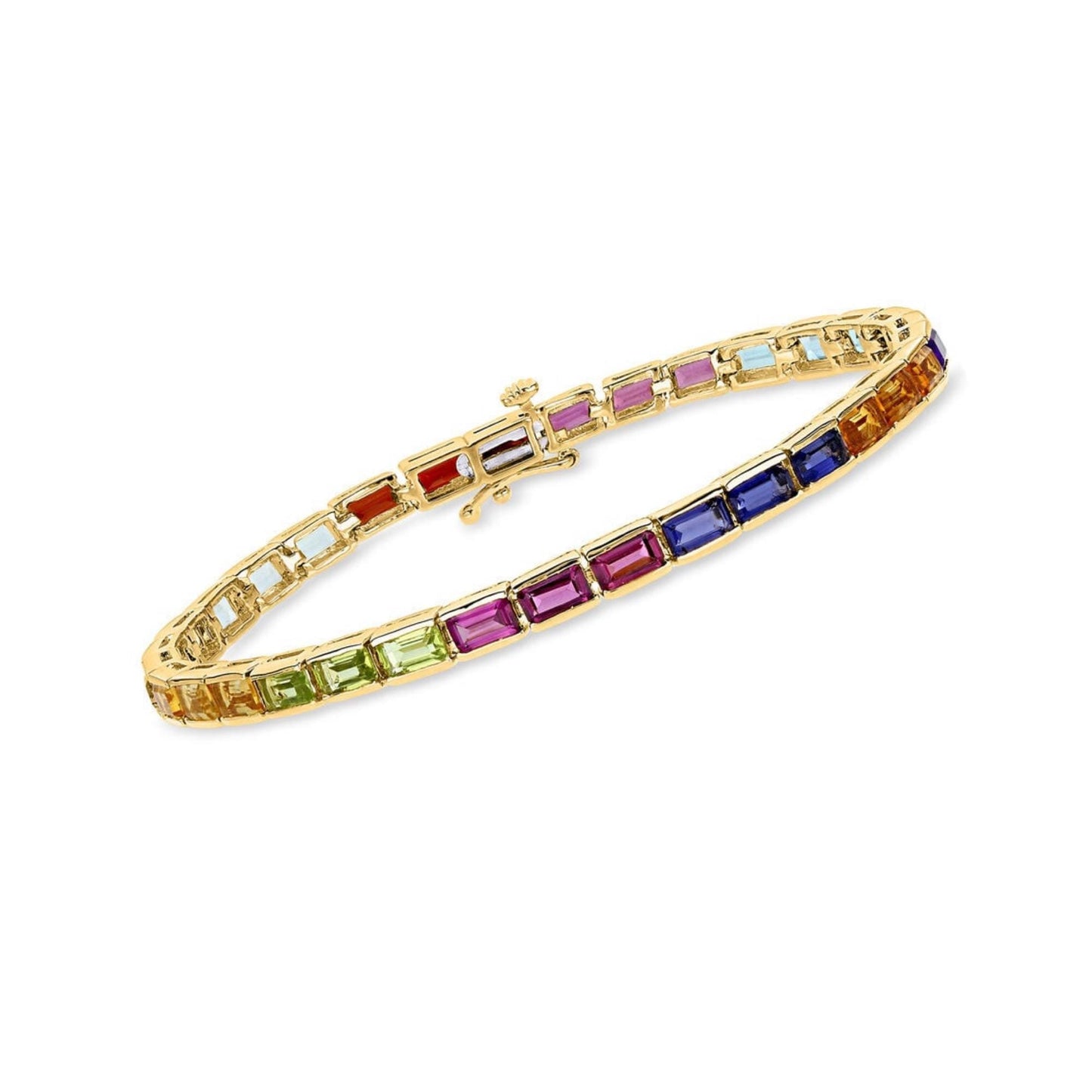 Multi Sapphire Tennis Bracelet: 14K Gold Plated Sterling Silver Baguette