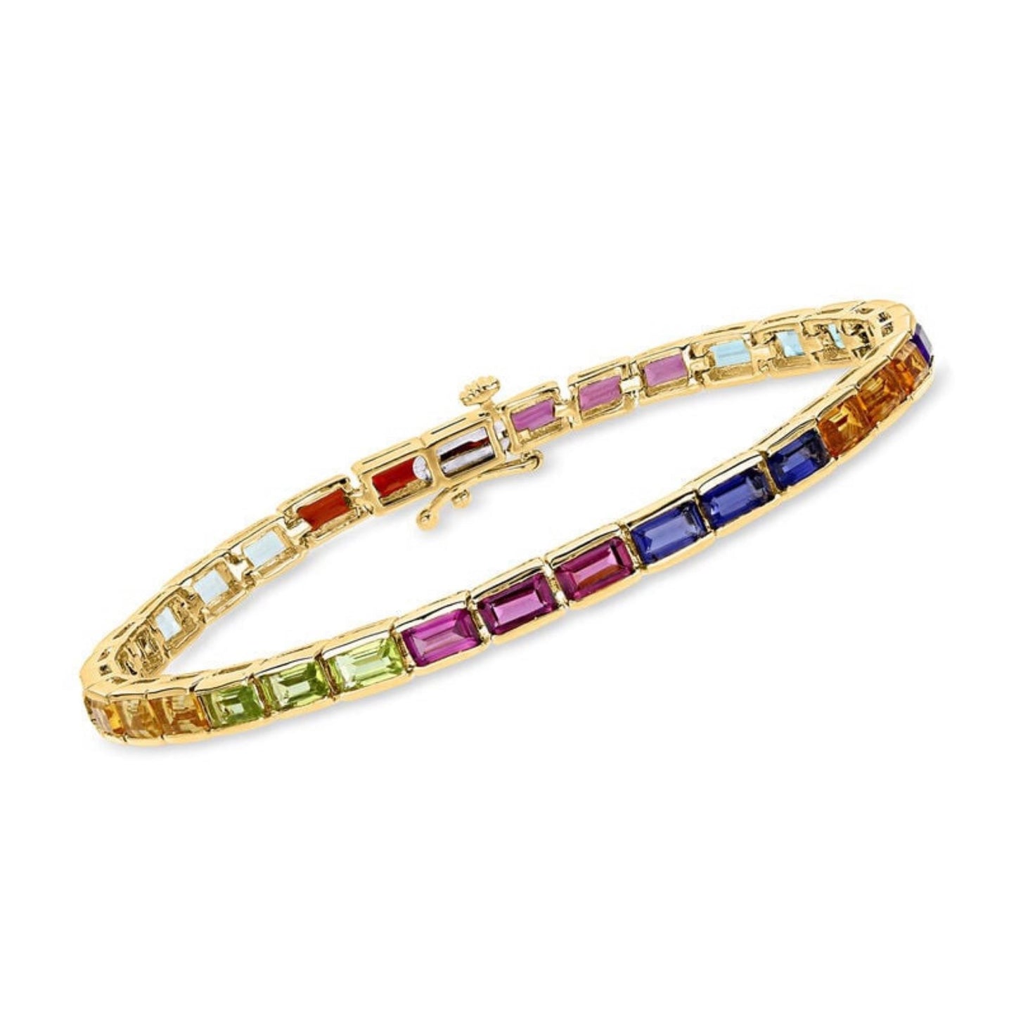 Multi Sapphire Tennis Bracelet: 14K Gold Plated Sterling Silver Baguette