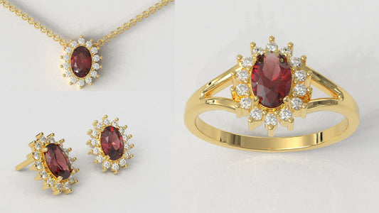 Oval Garnet and Diamond Jewellery Set Garnet Ring Garnet Earring And Garnet Necklace JewellerySet